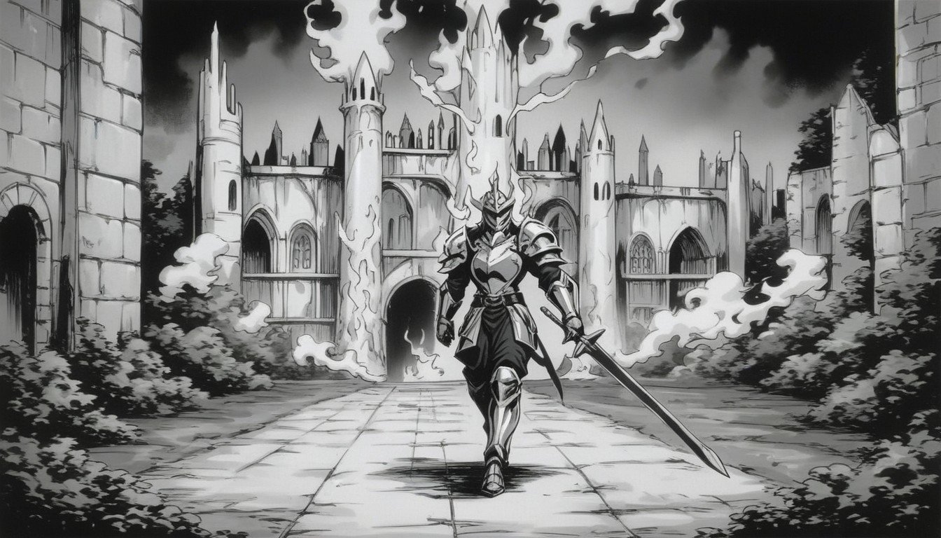 Heavy Armored Knight, Walking Through Battlefield, Helmet Hentai IA pornografia