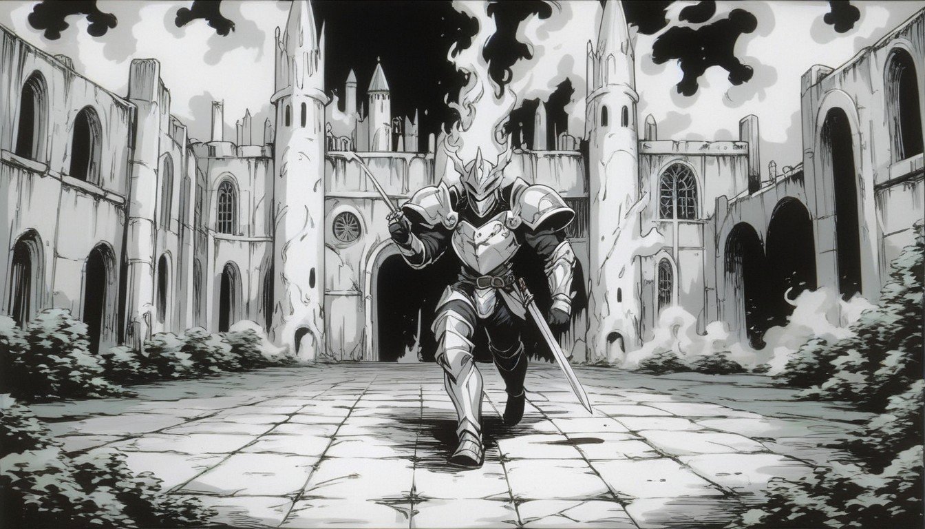 Black And White Manga, Heavy Armored Knight, Panoramic ViewAI黃漫