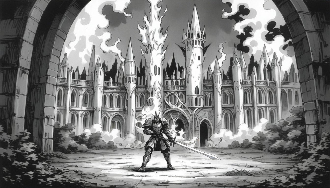 Burning Castle In Background, Black And White Manga, Injured Knights Laying On The GroundHentai IA