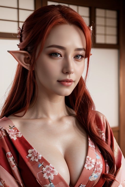 Elf Ears, Large Breast, Kimono Hentai AI Porn