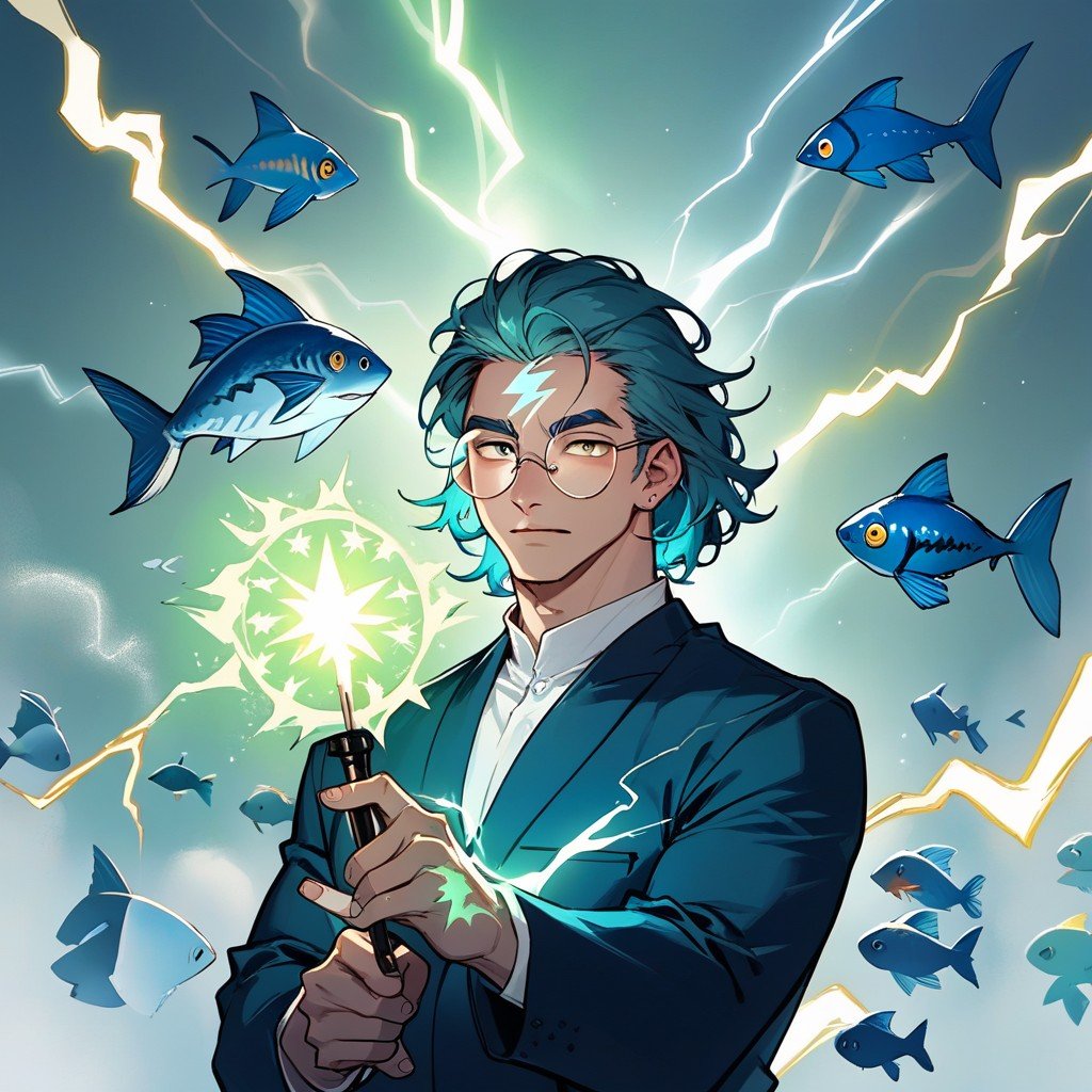 A Male Blue Fish With Lightning Bolt Shaped On Forehead And Round Glasses Casting A Magic Spell, He Is A Fish, 18+Porno IA Hentai