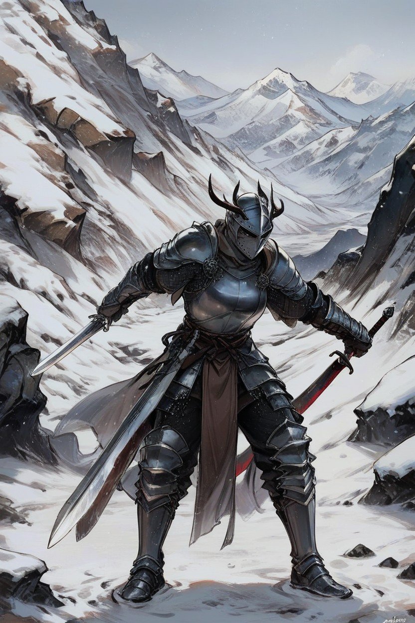 A Knight Wearing Black Armor Holding Sword, Snowy Mountain, Fighting SceneHentai IA