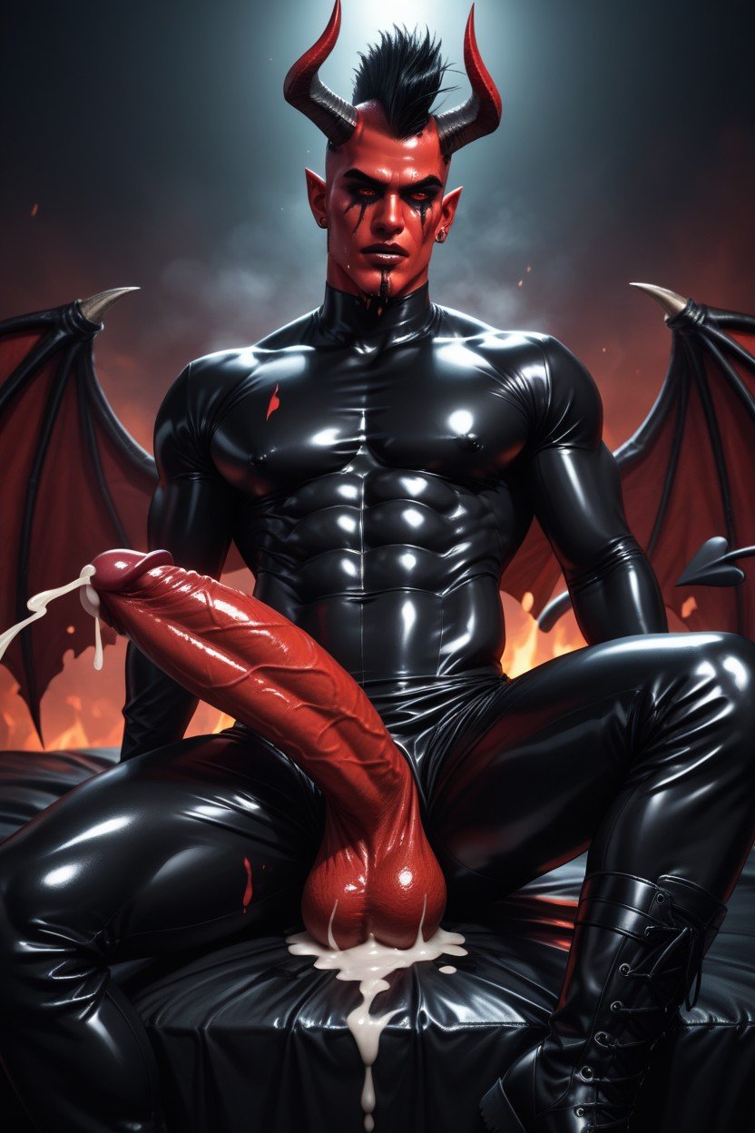 Fit, In A Sex Dungoen In Hell He Is Wearing Skin Tight Black Latex Chaps, Demon Lord Satan A Black Mohawk And Black Horns Sit On His Head! He Is Sitting On Latex Bed Pornografia gay com IA