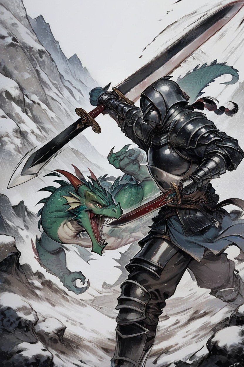 A Knight Wearing Black Armor, Big Sword, Snowy Mountain Hentai IA pornografia