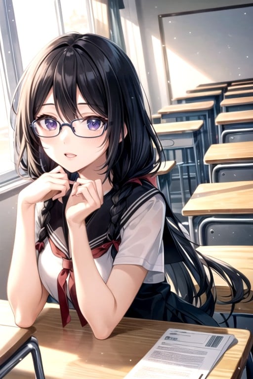 Twin Braids, Classroom, Glasses ニューハーフAIポルノ