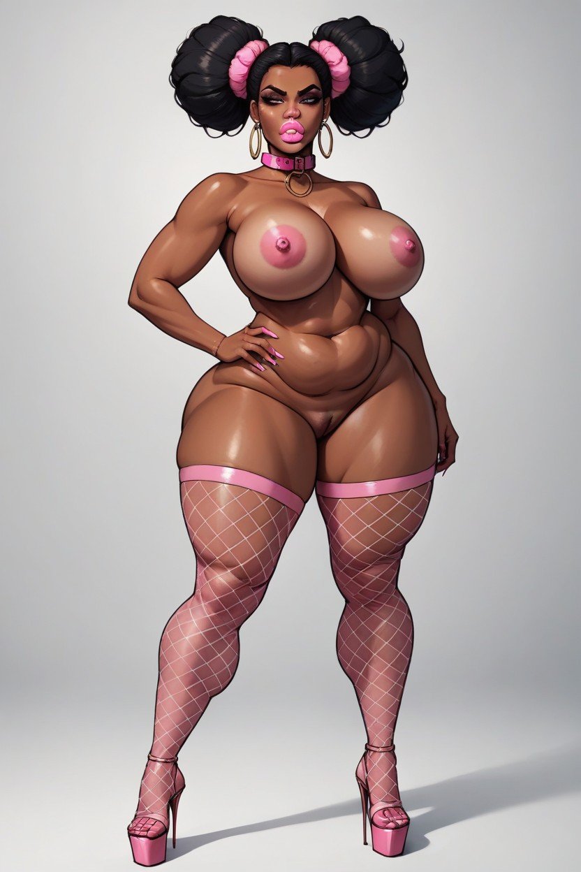 Pink Stilettos, Hair Gathered In Two Large Round Buns, SsbbwヘンタイAIポルノ