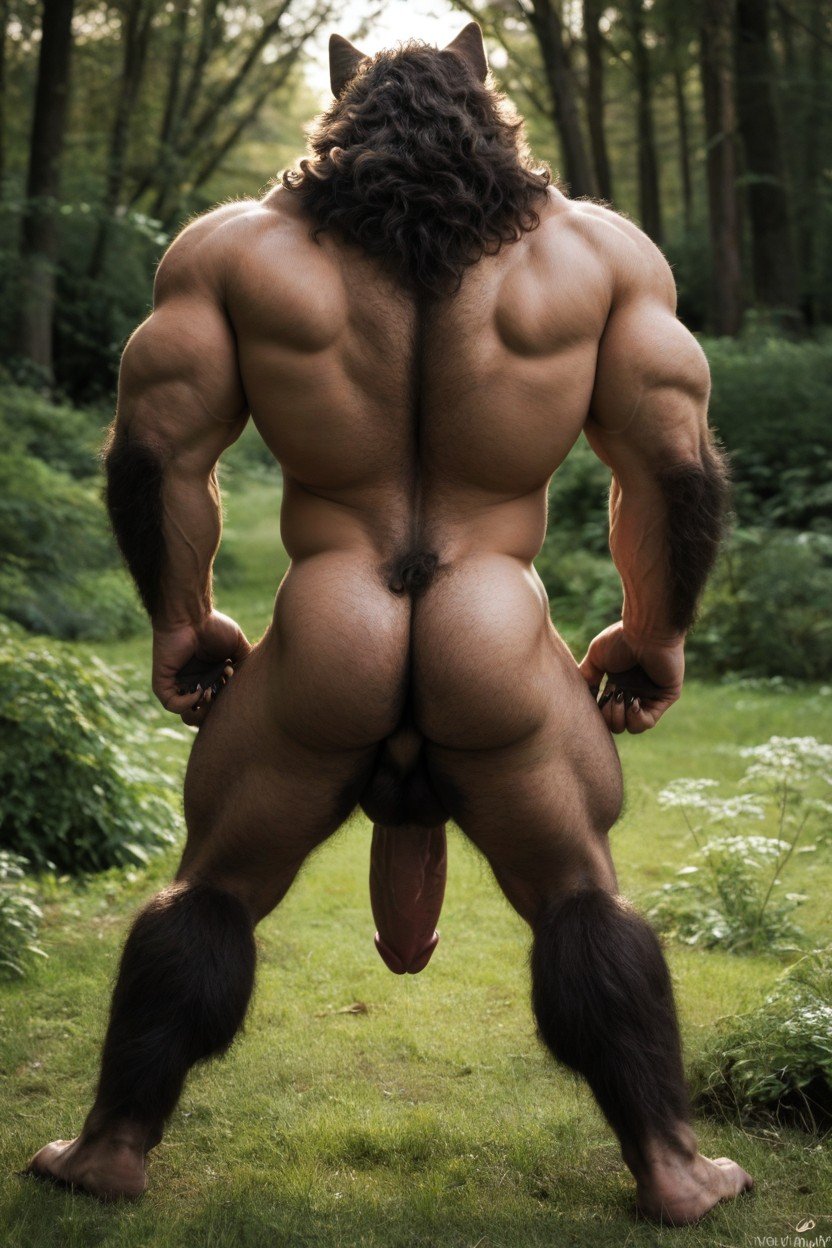 Werewolf Body Is Covered With Light Brown Fur, Giant Strong Muscular Werewolf Furry Anthropomorphic, Hairy Chest And Abdominal Muscles AI Gay Porn