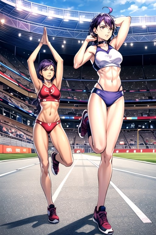 Detailed Background Of A Stadium For Athletes, Abs, Purple Hair Asian AI Porn