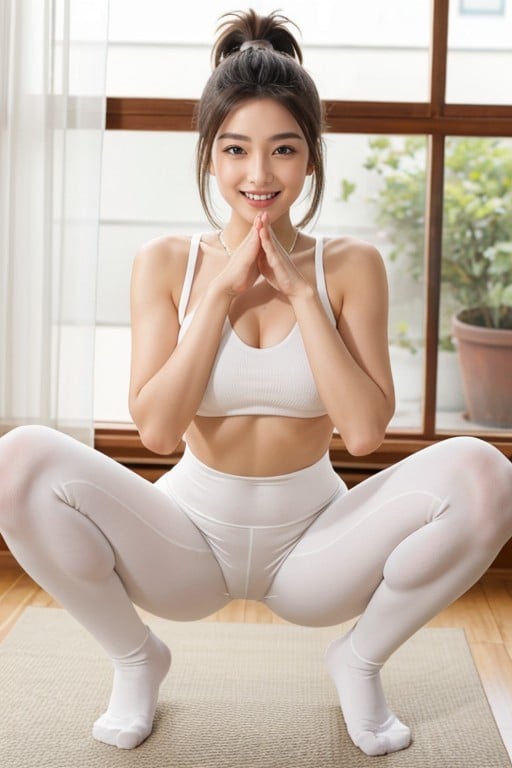 Presenting Feet, White Socks， Ponytail, Pet Pose Asian AI Porn