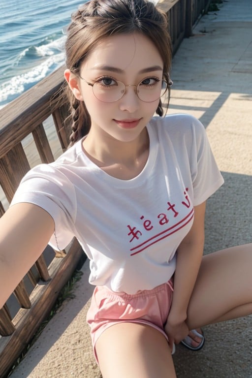 Pink T-shirt, Chinese, HeureuxPorno IA Asiatique