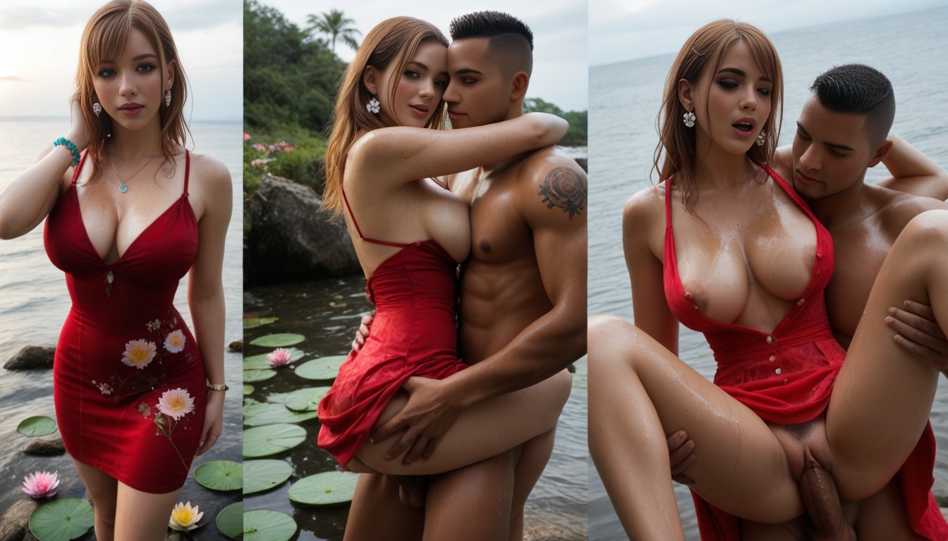 Black Eyeliner, Red Long Summer Dress, Wide Angle AI Porn