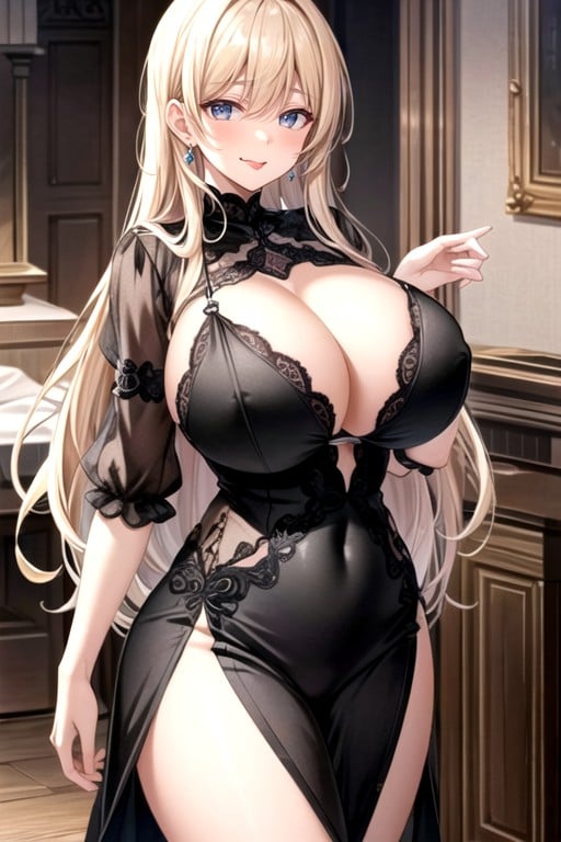 Black_dress, Huge_breasts, Smirk Hentai AI Porn