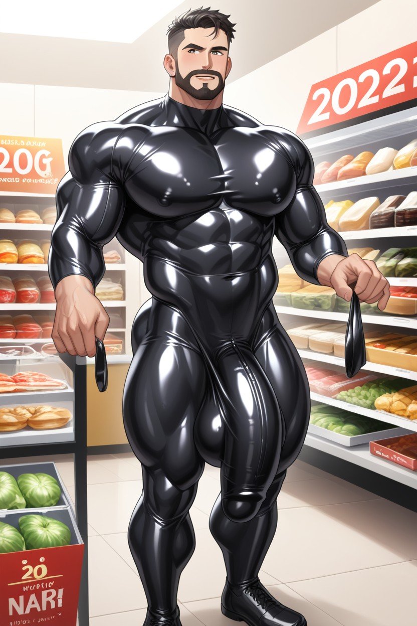 ’ White American Hunk Standing In A Grocery Store Isle Wearing A White Skintight Form Fitting Latex Suit With Massive Bulge, Massive Hyper Cock, Long Bulge Pornografia gay com IA