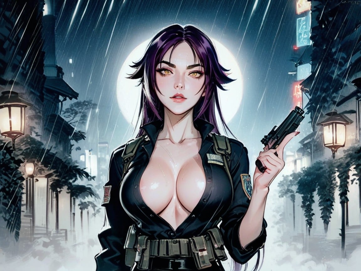 Cyberpunk City, Bust Shot, Yoruichi Shihouin Hentai AI Porn