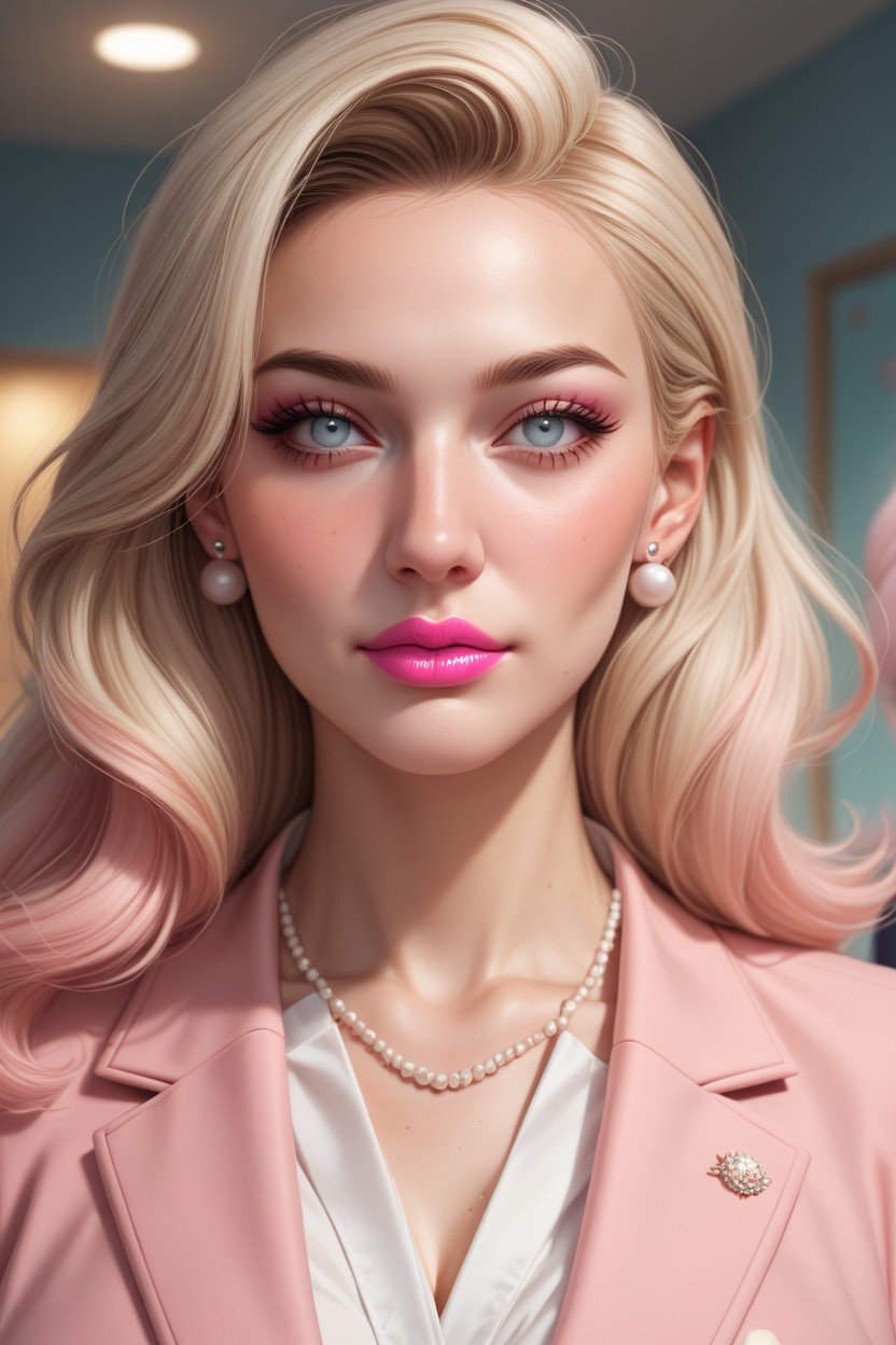 Blue Gray Eyes Medium Length Ash Blonde Straight Hair, Pastel Pink Lipstick, American Women 쉬메일 AI 포르노