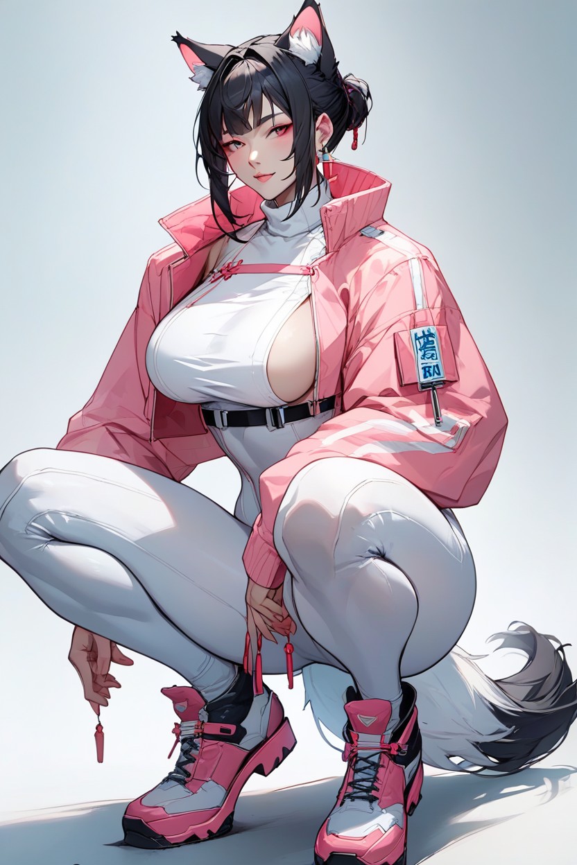 Pink Oversized Cropped Bomberjacket, アジア人女性, White Sci Fi Bodysuit TurtleneckヘンタイAIポルノ