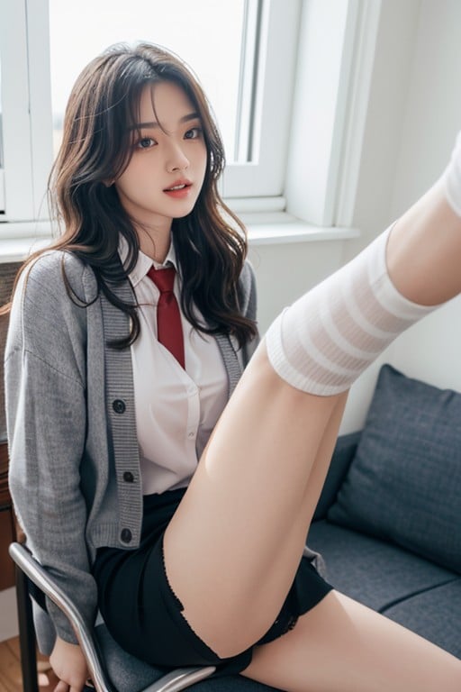 Living Room, Wearing Black Neckties, Wearing Gray School Cardigan Asian AI Porn