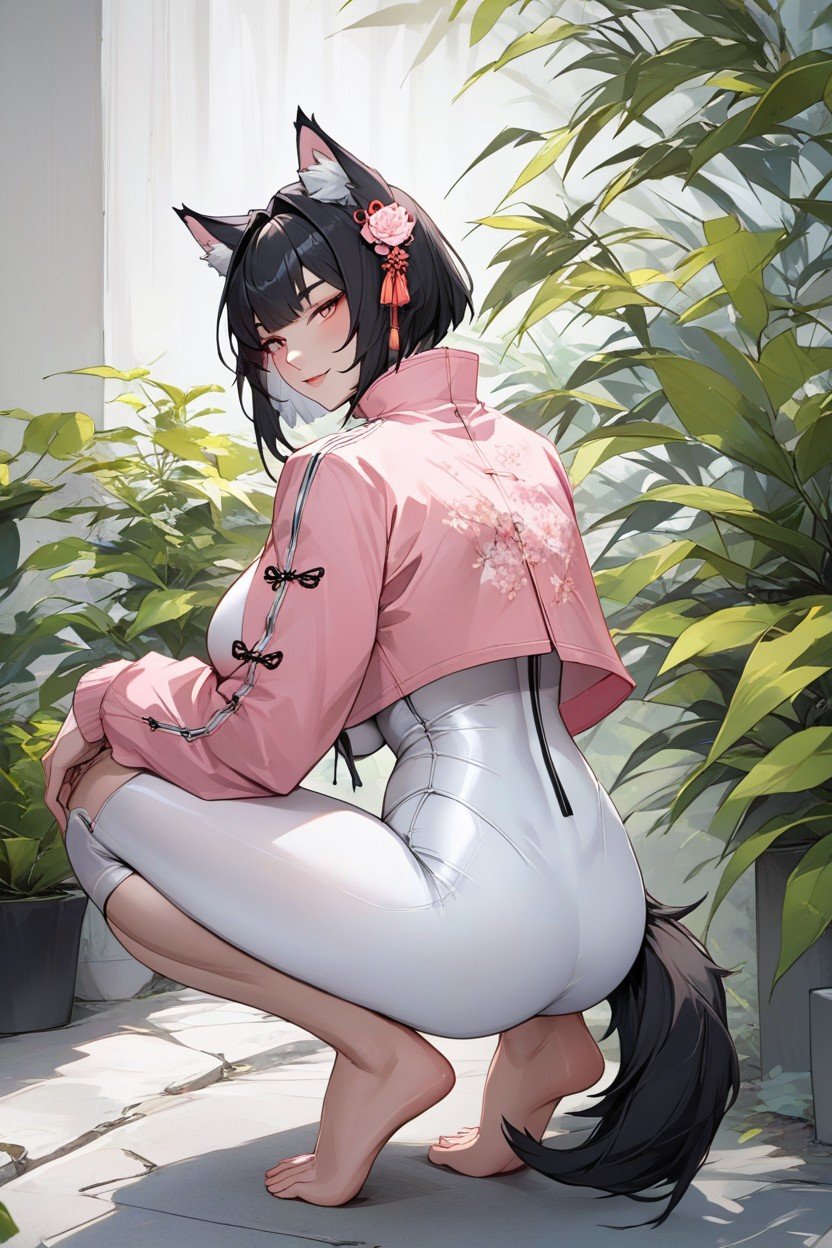 Black Hair With Bangs, Sidestreet Grey With Plants, Arctic Lynx Tail Hentai AI Porn