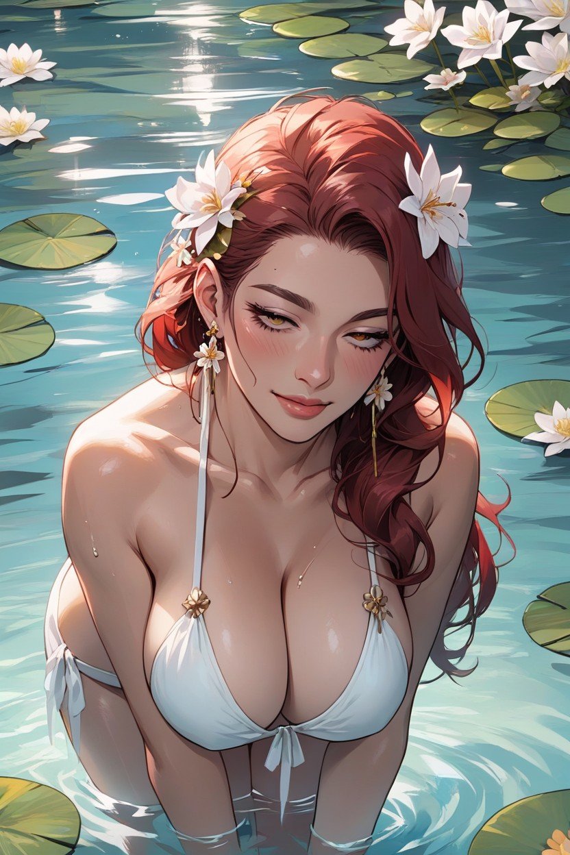 Body Turned Towards The Flower, Looking At The Flower With A Calm Expression Character Standing In The Water, Close To The FirstPorno IA Hentai