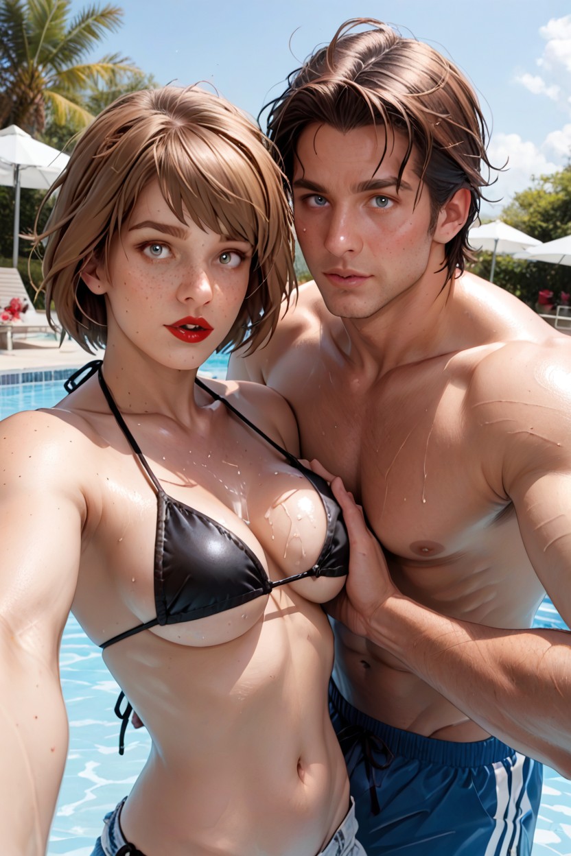 White Mans Hands Groping Inside Max Caulfield Bikini Top, Pale Skin, Pulling Up Bikini Top AI Porn