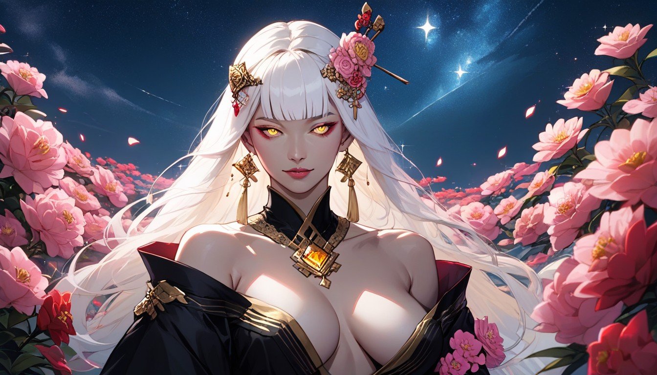 Night Sky Background, White Hair, Gold JewelAI黃漫