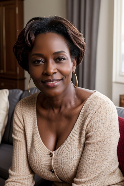 Attractive Middle Aged Nigerian Teacher Stands And Smiles At Handsome Visitor In Her Living Room, 50+헨타이 AI 포르노