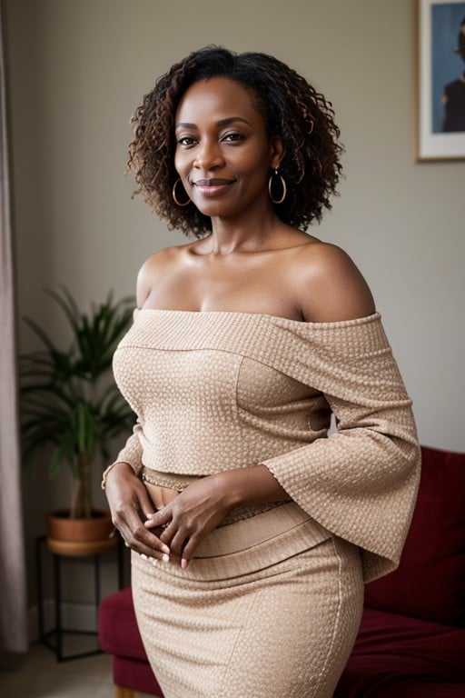 立つ, Attractive Middle Aged Nigerian Teacher Stands And Smiles At Handsome Visitor In Her Living Room, へそ出しヘンタイAIポルノ