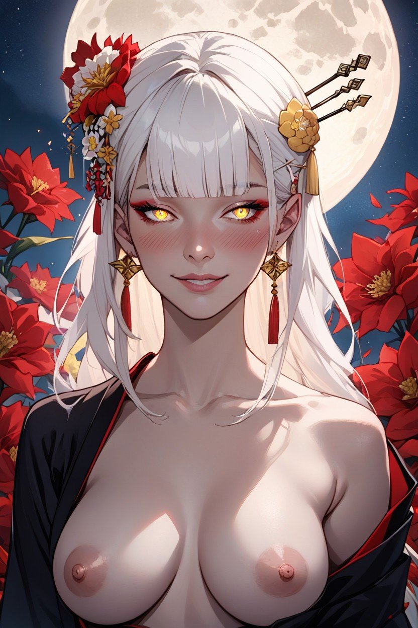 Blunt Bangs, Black Kimono With Red Flowers, Exposed Breasts Hentai AI Porn