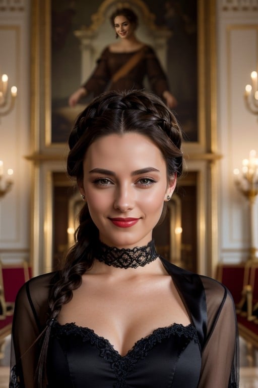 Brunette Princess, Black Satin Dress With Gloves, Braids Pornografia asiática com IA