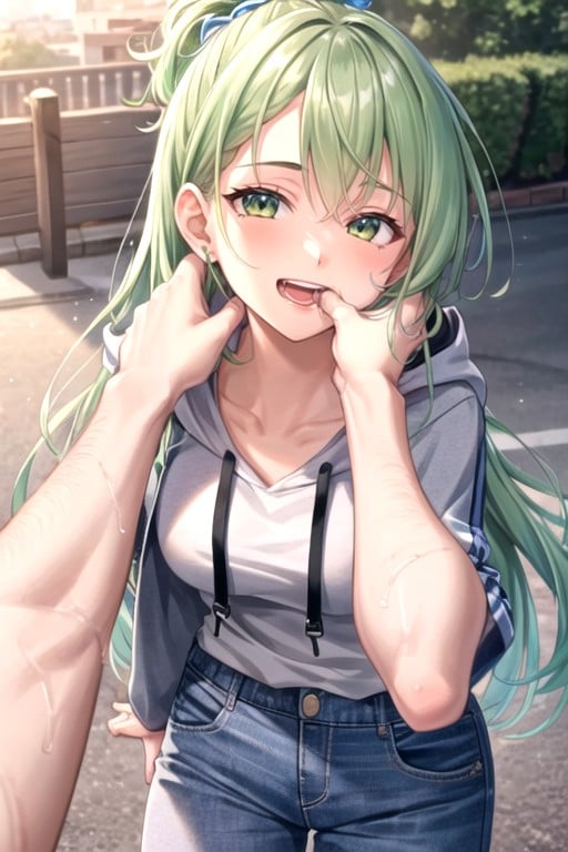 屋外, Long Green Hair, 口に親指ヘンタイAIポルノ