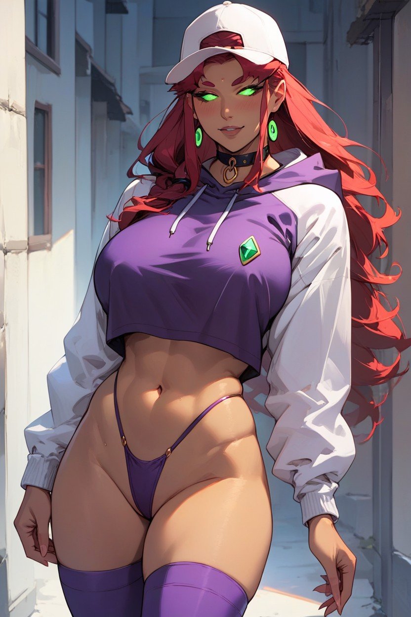 18+, Starfire From Titans Wearing A Hoodie A Thong And A Hat 人妖AI色情