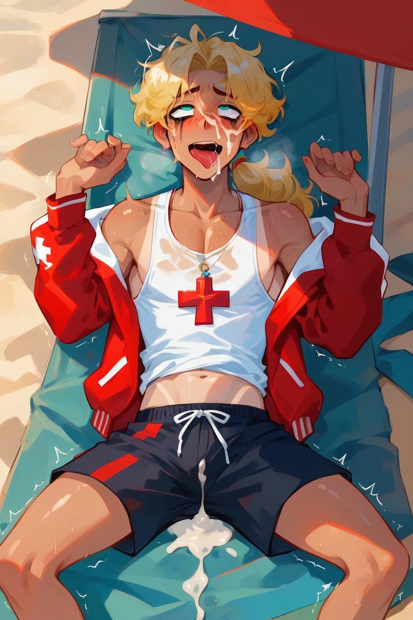 Ahegao, Freckles, Hot Part Time Beach Lifeguard Pornografia gay com IA