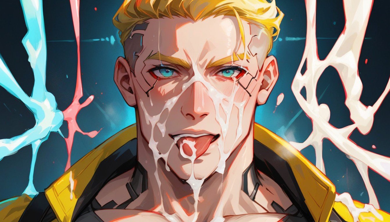 Close Up, Cyberpunk Hacker, Cyberpunk Male Blonde Hair Very Muscular AI Gay Porn