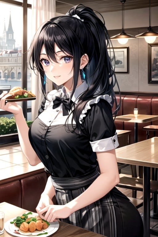 Earrings, Waitress Carrying Food With Both Hands In Restaurant, Ultra DetailedPorno IA Hentai