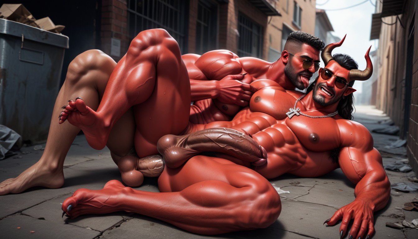 Two Handsome Arabian Men Of Equal Height And Physique Are Having Sex In A Abandoned Alley Of Garbage, Demon Claws On Fingers, 18+ AI Gay Porn