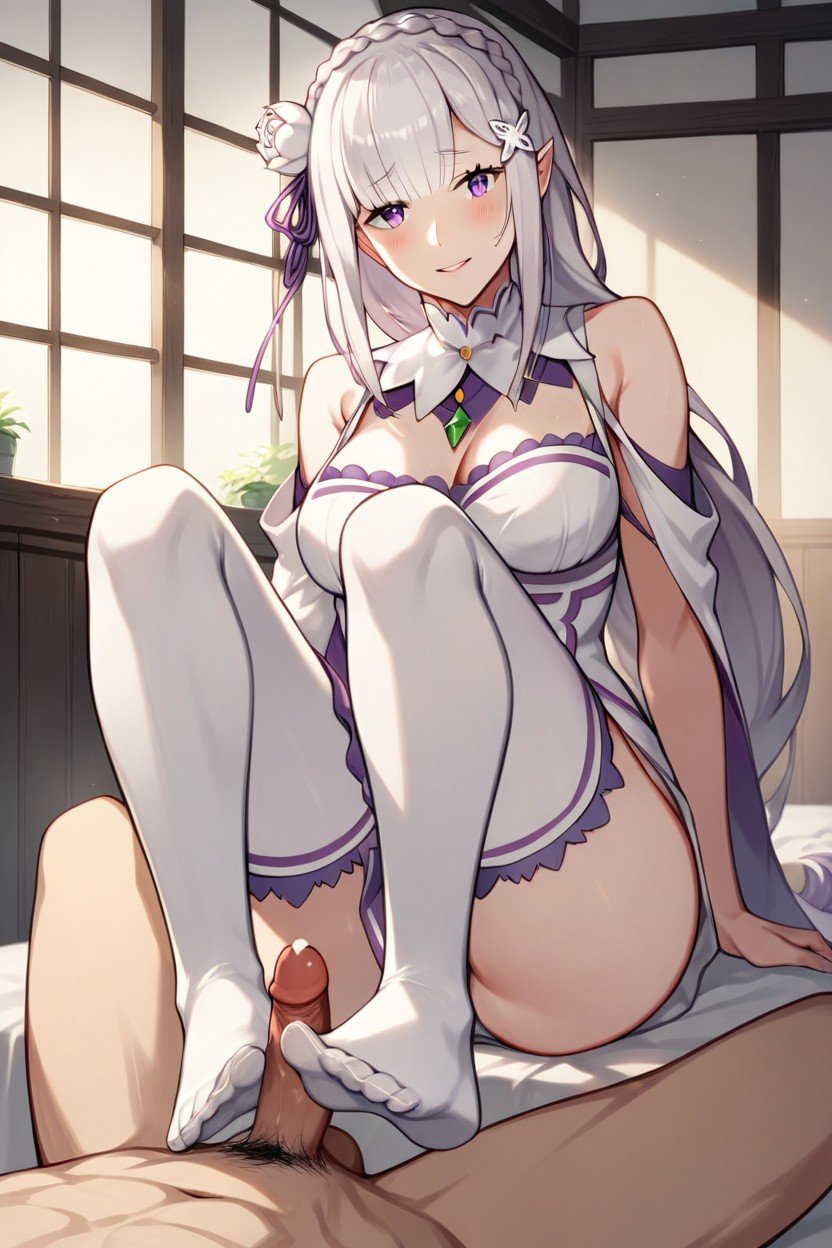 Fantasy-inspired Bedroom With Soft Lighting And A Warm Ambiance", With Her Long Silver Hair And Purple Eyes Adding To The Atmosphere Set The Scene In A Cozy, Where She Is Giving A Footjob Describe Her Gentle And Caring Personality Shining Through Her ActionsHentai IA