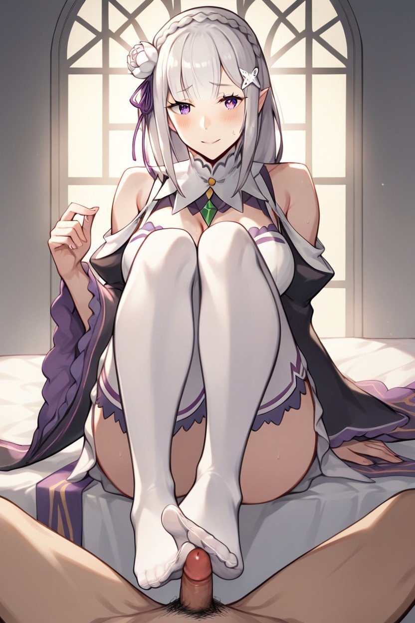 "create A Detailed Scene Featuring Emilia From Rezero, 18+, With Her Long Silver Hair And Purple Eyes Adding To The Atmosphere Set The Scene In A CozyPorno IA Hentai