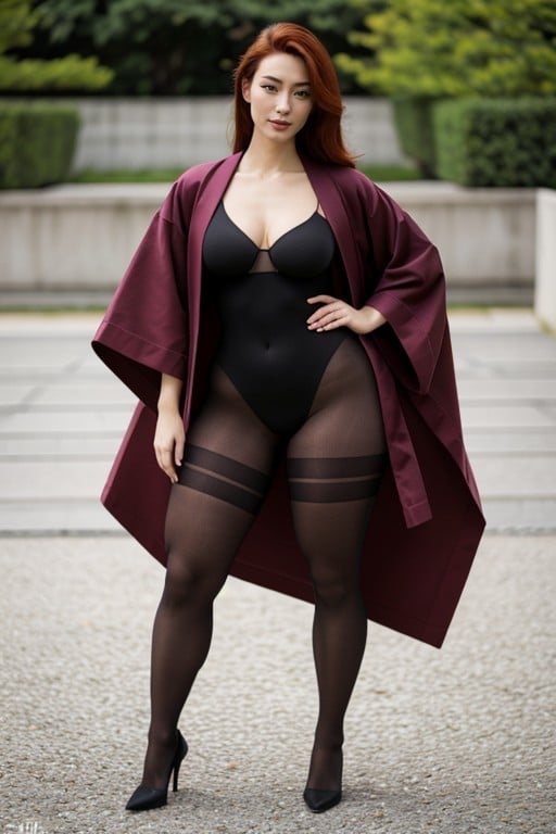 Full Body View, Black Bodystocking With Maroon Kimono Suit, From Head To Heels ViewアジアのAIポルノ