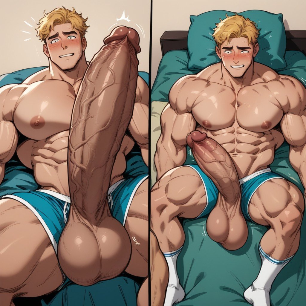 Cock Bigger Than Body, Laying On Bed, Excited Face Looking DownゲイAIポルノ