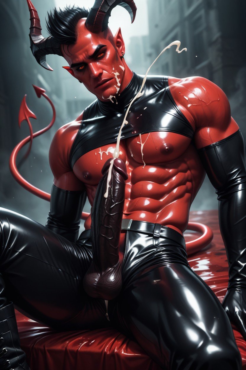 サキュバス, 射精, In A Sex Dungoen In Hell He Is Wearing Skin Tight Black Latex ChapsゲイAIポルノ