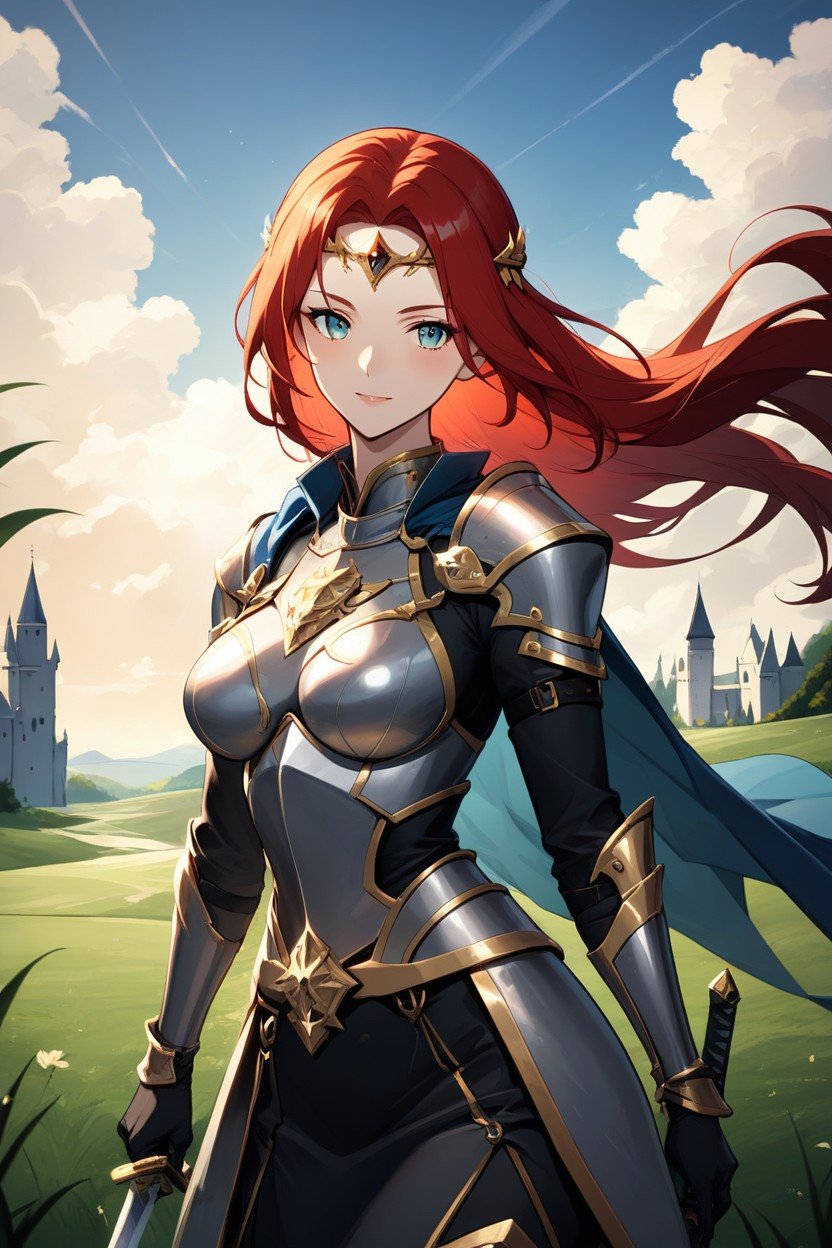 Red Hair, Sexy Busty Knight Woman Wearing Metal Armorholding A Swordin One Hand Break Busty, Sexy Knight헨타이 AI 포르노