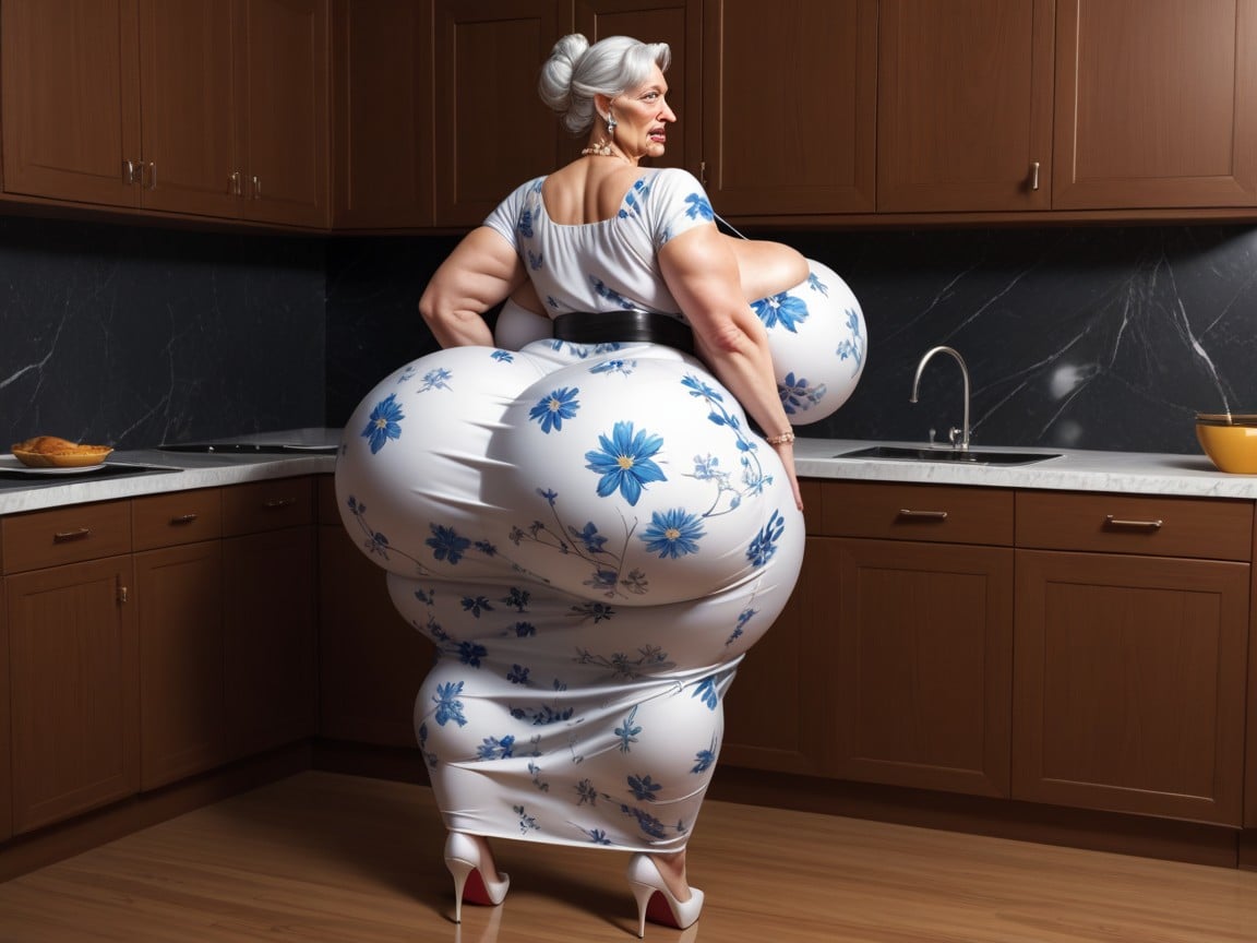 Big Wide Hips, Intricate Clothing, Ssbbw Step Step Step Grandmother Standing In The Kitchen Travesti IA Pornô