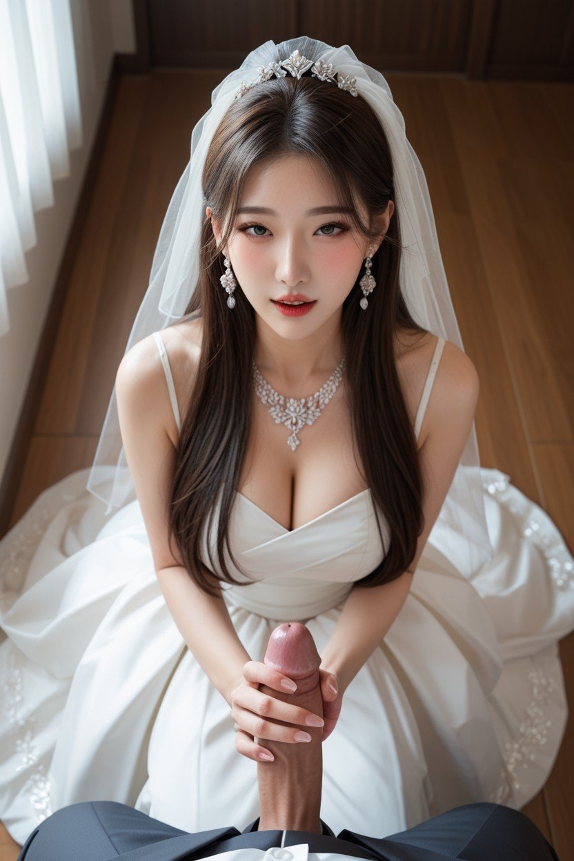 Woman Kneeling With Dress Extended, Huge Satin Ballgown Wedding Dress Extended Circulary, Handjob Pornografia asiática com IA