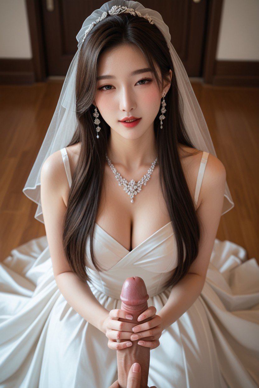 Huge Satin Ballgown Wedding Dresses Extended Circulary, Women Kneeling With Dresses Extended, Handjob Pornografia asiática com IA