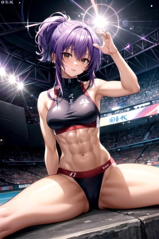 Sports Panties And Crop Top, Detailed Background Of A Stadium For Athletes, Cheveux VioletsPorno IA Hentai