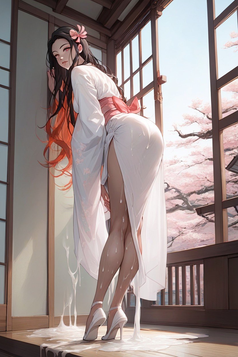 White Wet Kimono, Rear Side View, Delicate Dainty BodyPorno IA Hentai