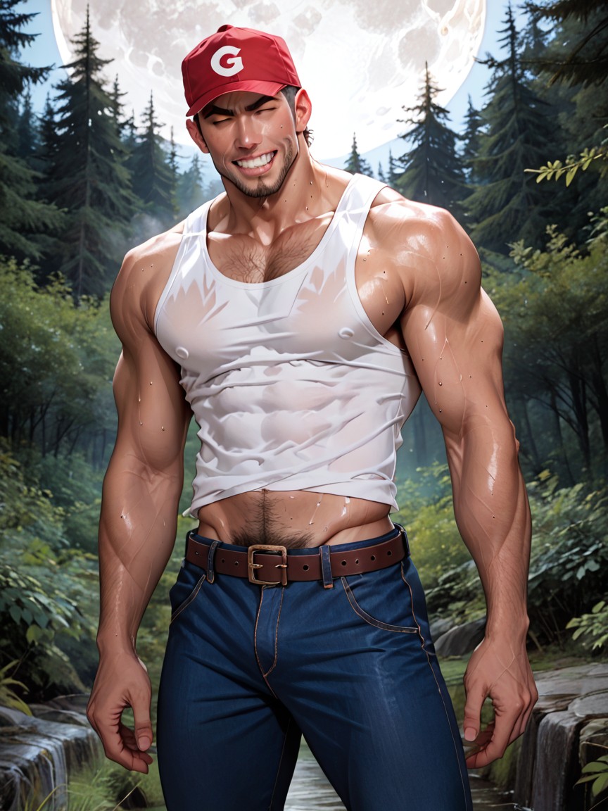 Shocked, Tight Fitting Blue Denim Jeans, Brown Leather Belt AI Gay Porn