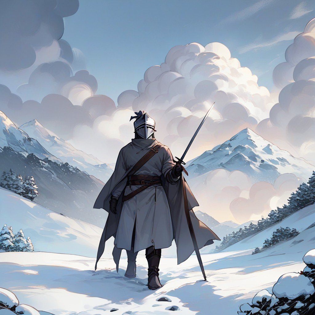 Snowy Mountain, Dark Cloudy Skies, A Knight Riding A Peco PecoHentai IA