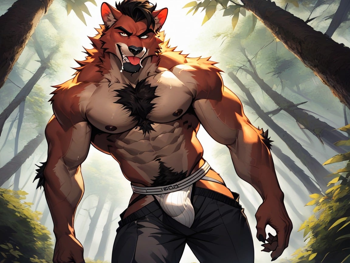 Outdoors, Showing Bulging Brightly Colored Jockstrap, Muscular WereゲイAIポルノ