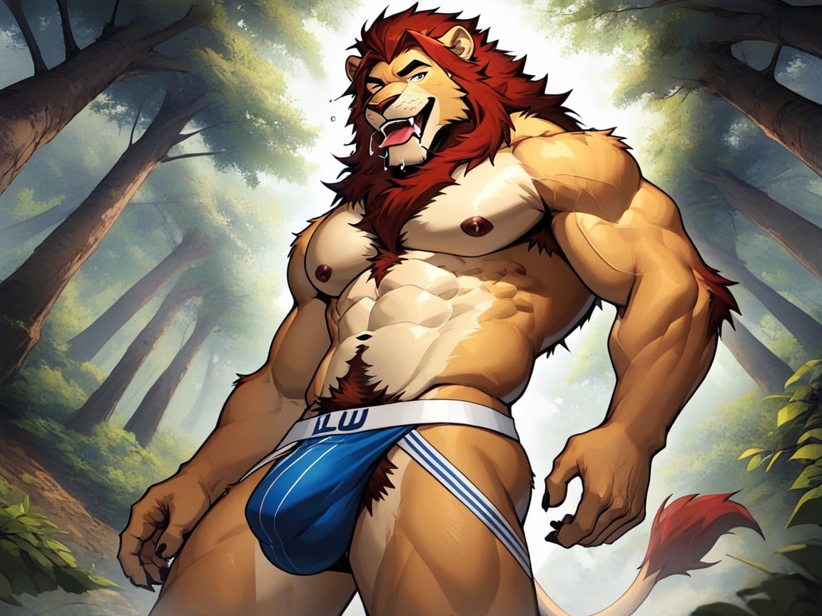 Anthropomorphic Lion, Muscular Anthropomorphic-lion, Showing Bulging & Brightly Colored Jockstrap게이 AI 포르노